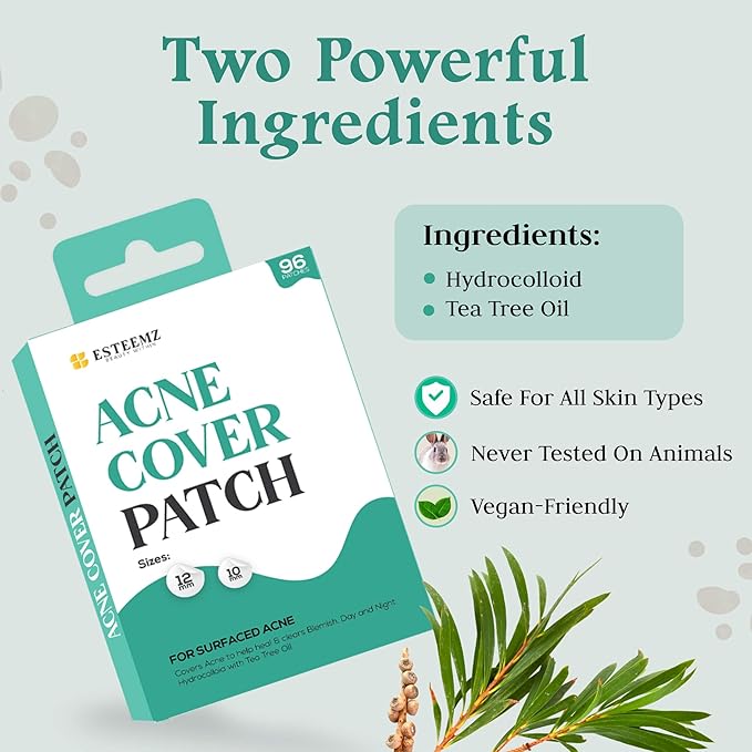 Advanced Invisible Pimple Patches for Face (96 Pack) - Hydrocolloid Patches with Tea Tree Oil - Vegan Friendly Acne Patches for Face - 2 Size Pimple Patch Stickers (10mm, 12mm)