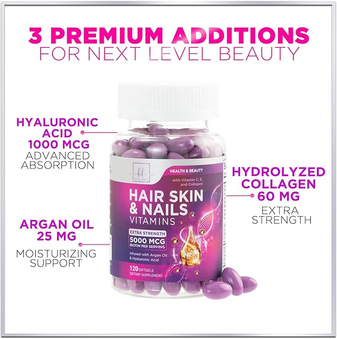 Hair, Skin & Nails Vitamins for Women - Biotin 5000mcg to Support Hair Growth with Argan Oil, Collagen & Hyaluronic Acid, Beautiful, Stronger Skin, Hair & Nails Vitamin Supplement - 120 Softgels