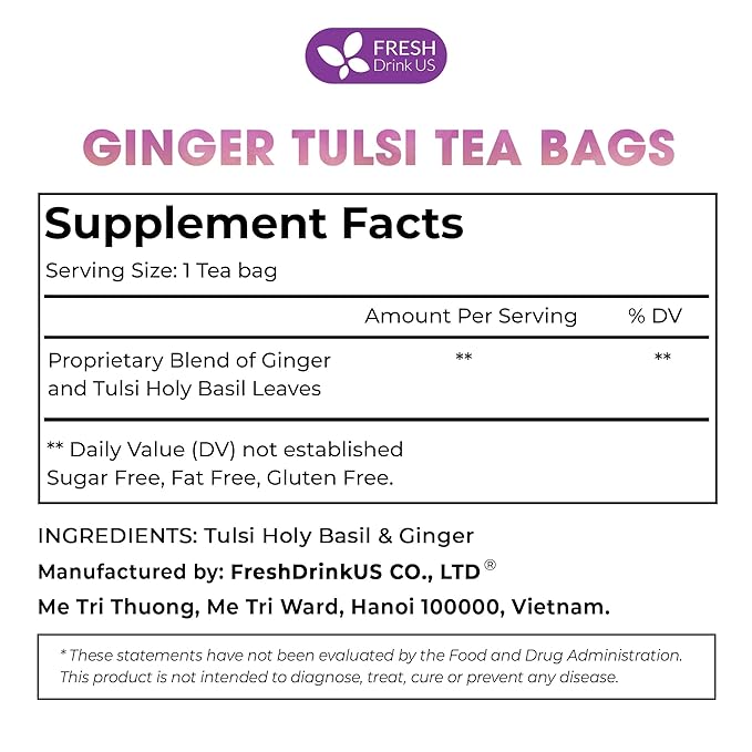 FreshDrinkUS, Premium 75 Ginger Tulsi Tea Bags, 100% Natural, Hand-made Blend of Ginger and Tulsi Holy Basil Leaves, Eco-conscious Tea Bags. Ginger Tulsi Herbal Tea. No Sugar, No Caffeine, Vegan.