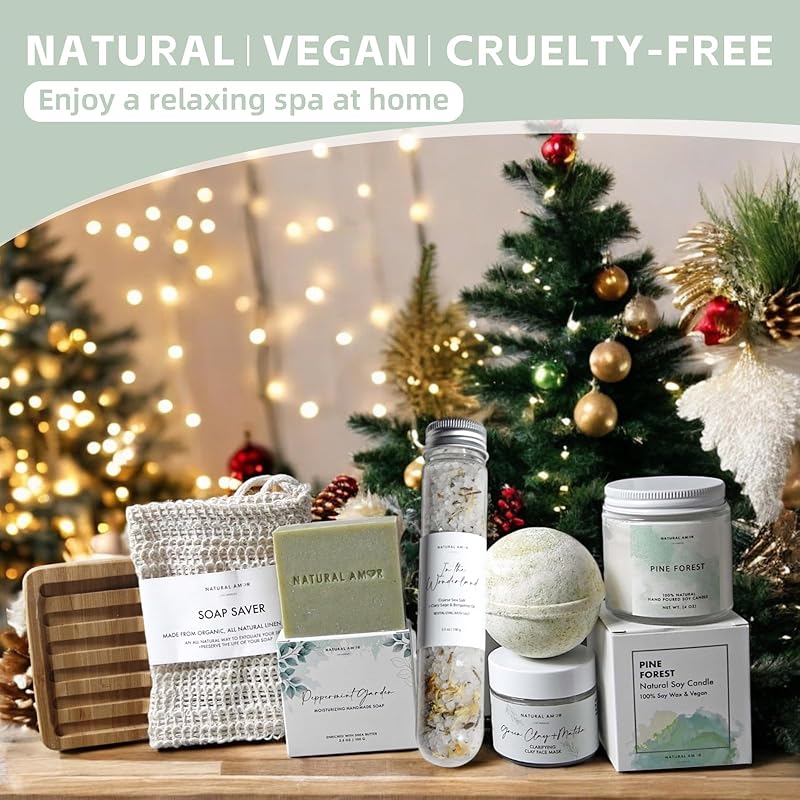 Natural Amor Cozy Spa Gifts for Women and Men,7pcs Self Care Box Including Soap Bar, Candle, Bath Bomb, Bath Salt, Thank You Gift
