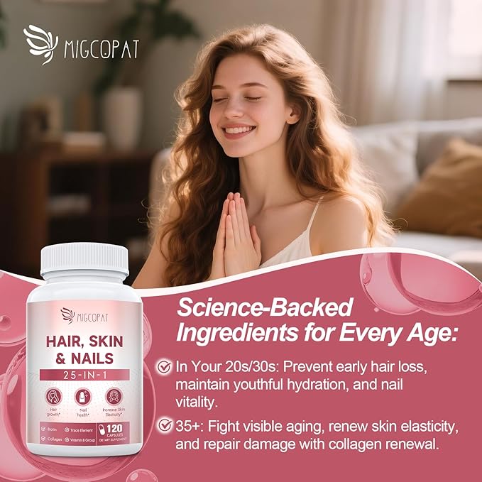Hair Skin and Nails Vitamins with Biotin, Collagen & Hyaluronic Acid, Supports Healthy Hair Growth, Strong Nails & Glowing Skin, Biotin Supplement with Vitamins A, C, D3, E, B Complex & Minerals