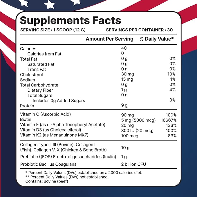 Multi Collagen Peptides with Probiotics + Type I, II, III, V, X + Hydrolyzed Collagen Powder with Vitamin C+D3+B7+K2+E Hyaluronic Acid, Supports Skin Hair Nail & Joint, Grass-Fed, Non-GMO (2)