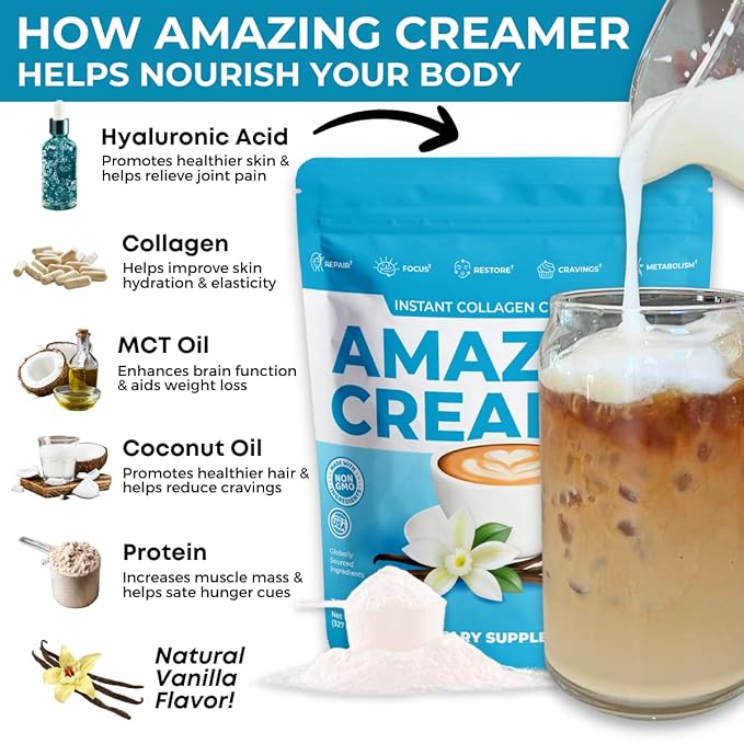 Superfoods Company Amazing Creamer with Collagen - Keto Creamer-Hyaluronic Acid & MCT Oil - Brain Boost & Curbs Cravings - Supports Healthy Skin & Hair - Diet-Friendly [60 Servings] [Vanilla]