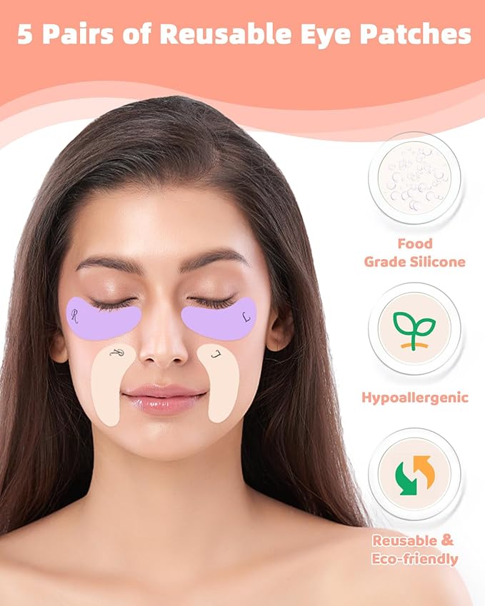 5 Pairs Reusable Under Eye Wrinkle Patches Silicone Mask, Plump Fine Lines & Wrinkles, with Metal Eye Cream Applicator, Tin Case, Purple&Pink&Cream