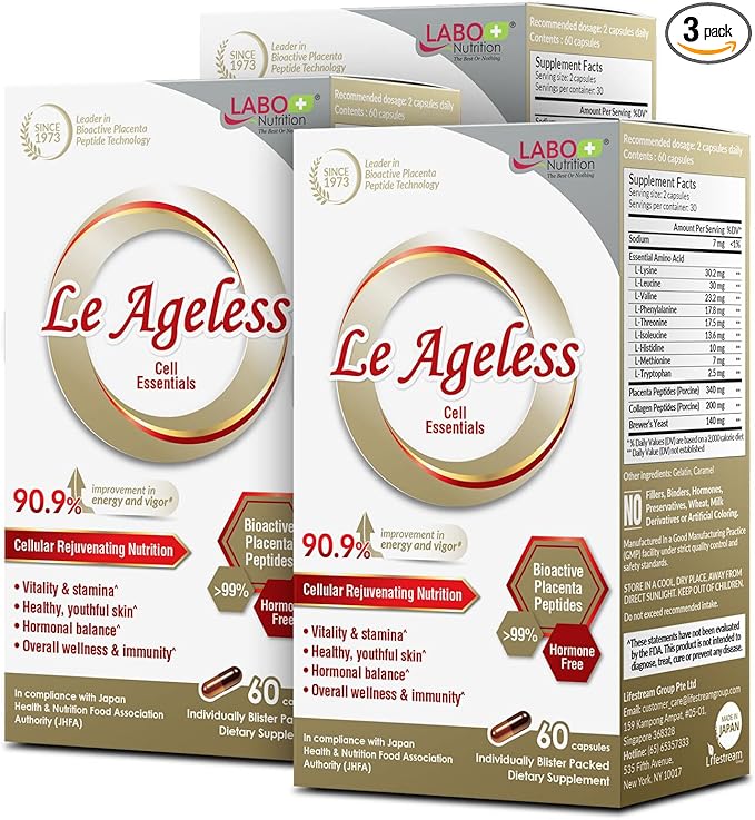 LABO Nutrition Le Ageless – Placenta Cell Rejuvenating Therapy from Japan – Enhanced with Collagen Peptide and Brewer’s Yeast to Supports Immune Health, Skin Regeneration, Anti-Aging – 60 CapsulesX3
