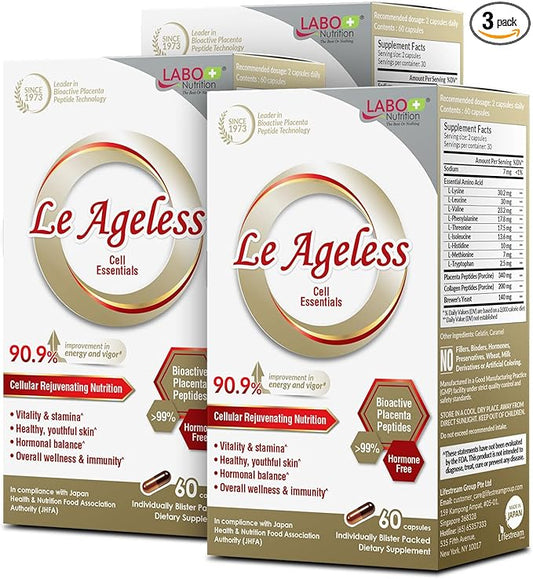 LABO Nutrition Le Ageless – Placenta Cell Rejuvenating Therapy from Japan – Enhanced with Collagen Peptide and Brewer’s Yeast to Supports Immune Health, Skin Regeneration, Anti-Aging – 60 CapsulesX3