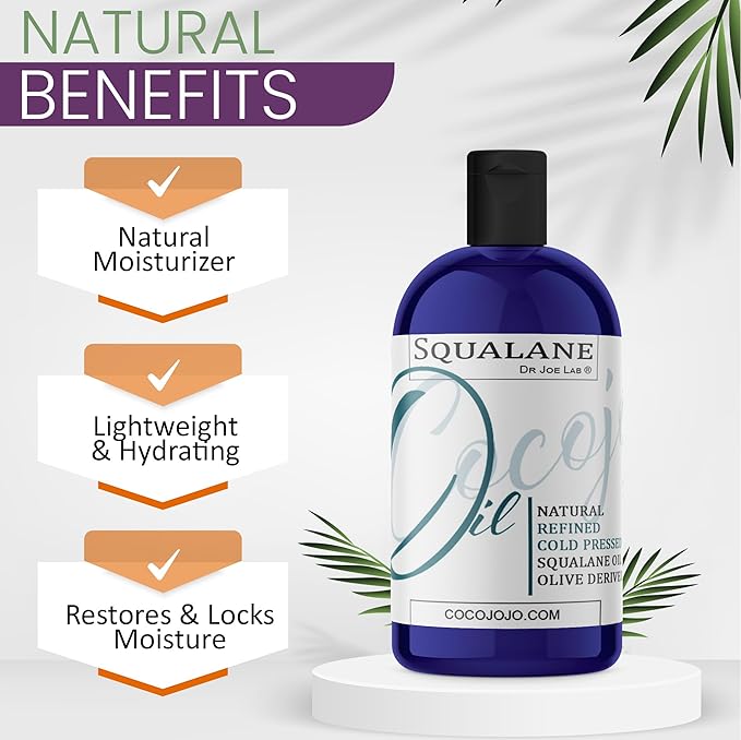 Dr Joe Lab Squalane Oil Pure Plant Derived Refined Cold Pressed Squalene From Olives Vegan Undiluted Bulk Carrier Oil for Face Skin Hair Body Cosmetics Natural Cleanser Moisturizer (8 oz)