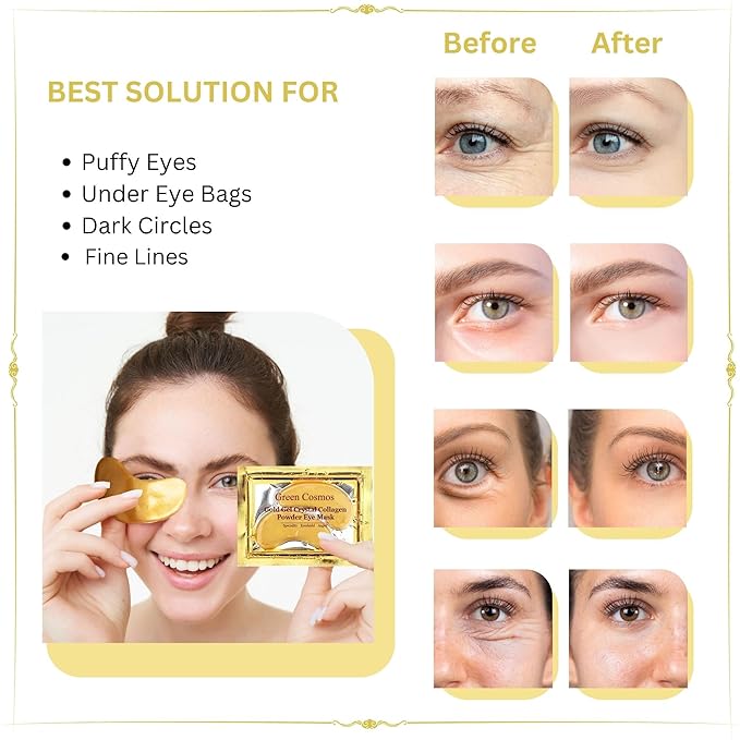 Green Cosmos. 30 Pairs 24k Gold Under Eye Patches, Gold Crystal Collagen Eye Mask, Dark Circles Treatments, Removes Under Eye Bags, Collagen Gel Pads for smooth skin, Eye Pads for puffiness