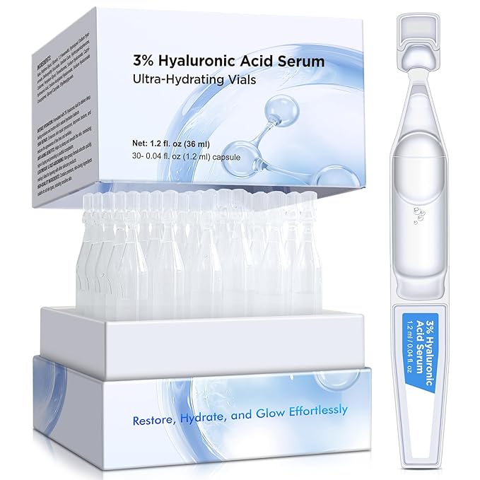 3% Hyaluronic Acid Serum,Hyaluronic Acid Serum for Face,UltraHydrating Serum 3% Hyaluronic Acid Smoother Skin,Anti-Aging,Hyaluronic Acid Tubes Single-Use Vials Pre-makeup Skincare(1.2 ml*30)