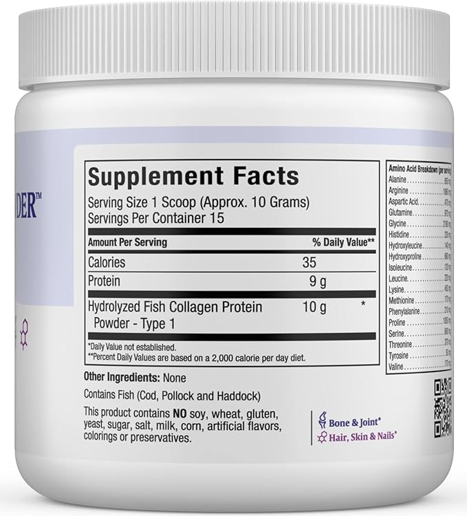 Collagen Powder - Collagen Protein Powder - Marine Collagen Powder for Women and Men - Type I Unflavored Fish Collagen Hydrolyzed Collagen Protein - Healthy Hair Growth and Skin Supplement (5.46 oz)