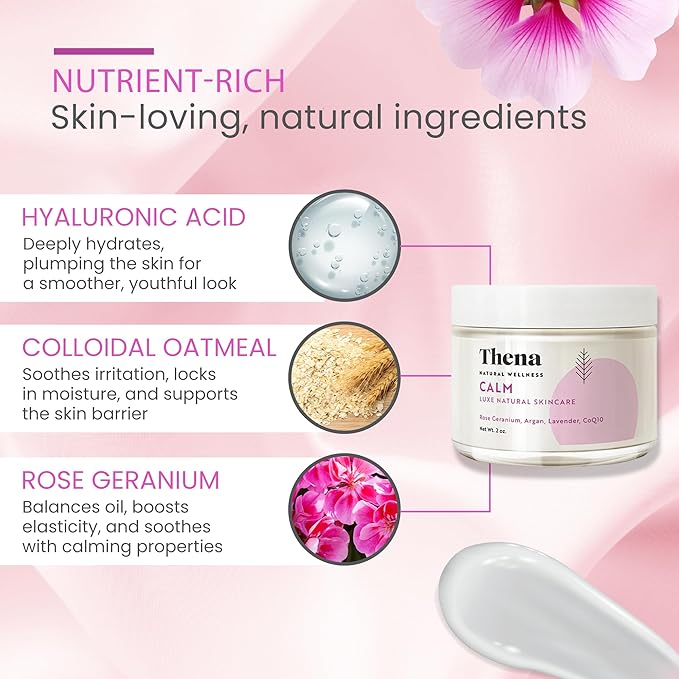THENA CALM Face Moisturizer Cream Organic & Natural Skin Care, Ultra Hydrating With Hyaluronic Acid & Lavender Plant-based Skincare Anti aging Face Cream Dry Skin Facial Moisturizer For Women Men