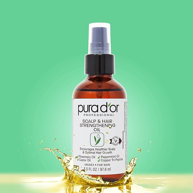 PURA D'OR Scalp & Hair Strengthening Oil (3.3oz x3 = 9.9oz) Supports Optimal Growth, Reduce Breakage, Nourish Roots for Healthier, Fuller, Thicker Hair - Rosemary, Castor & Peppermint Oil