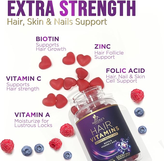 Hair Growth Vitamins Gummy with Biotin 5000mcg - Hair, Skin & Nails Vitamin Supplement for Women & Men, Supports Thicker Hair, Radiant Skin & Stronger Nails with Vitamin E, C & Zinc - 60 Gummies
