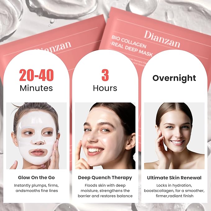 Dianzan Bio-Collagen Real Deep Mask,Overnight Hydrating Face Mask with Hyaluronic Acid & Collagen, Korean Formula for Dry, Sensitive Skin - Tightens Pores, Firms Skin, Reduces Fine Lines,35g x 4ea