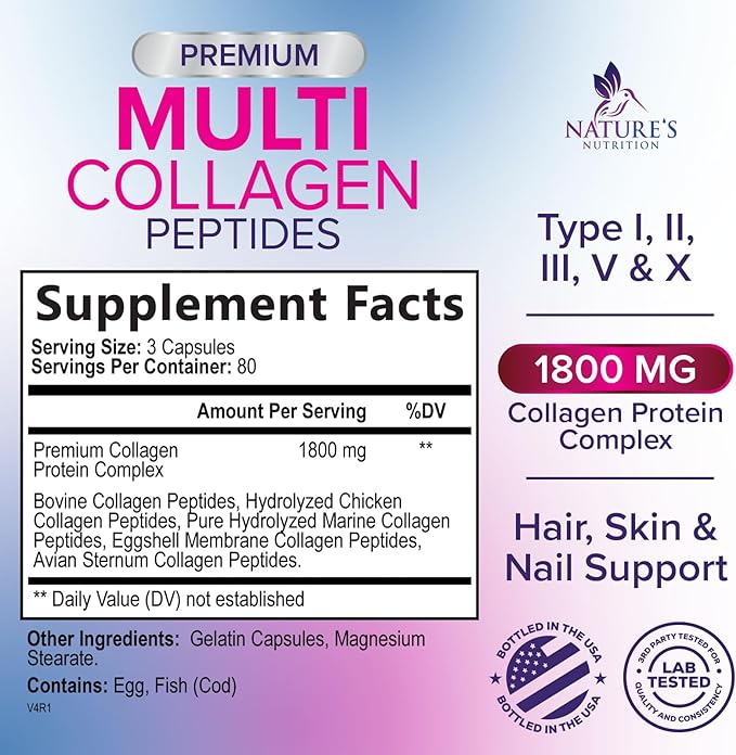 Collagen Peptides for Women & Men - Type I, II, III, V, X Multi Collagen Pills, Hydrolyzed Collagen Peptides Supplements, Nature's Hair, Skin, Nail, and Joint Support Supplement, Non-GMO, 240 Capsules