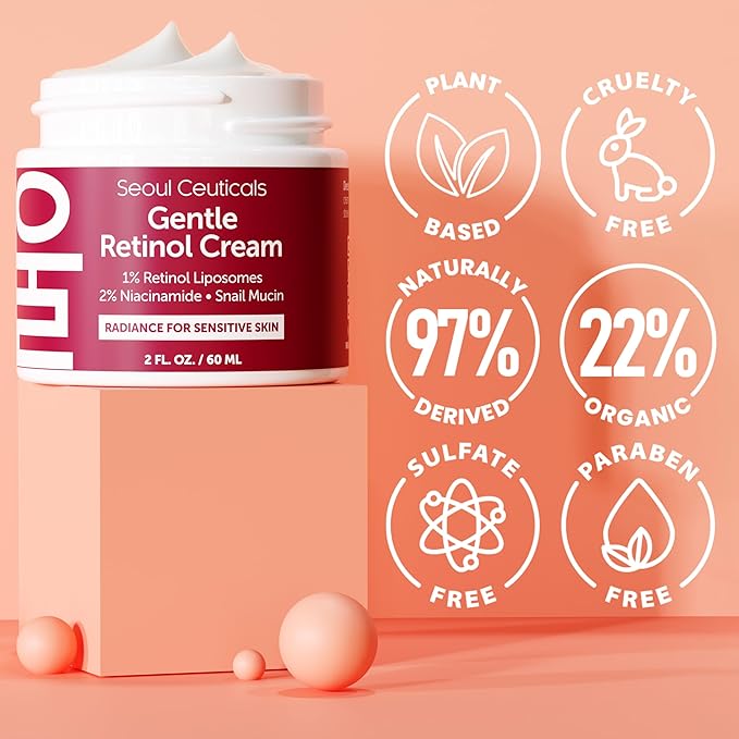 SeoulCeuticals 1% Korean Retinol Night Cream - 97.5% Snail Mucin + 2% Niacinamide Moisturizer for Face - Gentle K Beauty for Sensitive Skin 2oz