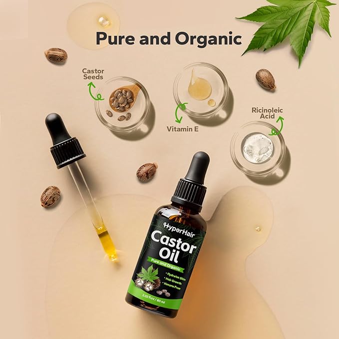 Organic Castor Oil,Cold Pressed Unrefined For Hair, Eyelashes, Eyebrow Growth, Essential Oil, Massage Oil, Hair Nourishing Oil, Deep Massage & Moisturizing For Body