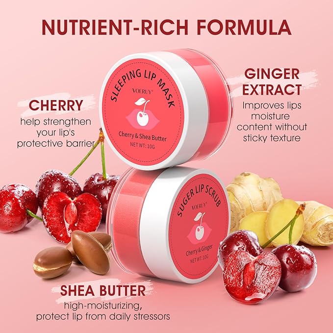 Lip Scrub & Lip Mask Set, Cherry Lip Exfoliator Scrub, Christmas Gifts Stocking Stuffers Gift for Women, Overnight Suger Lip Treatment, Repair Dry Cracked Lips - with Lip Brush (10g*2)