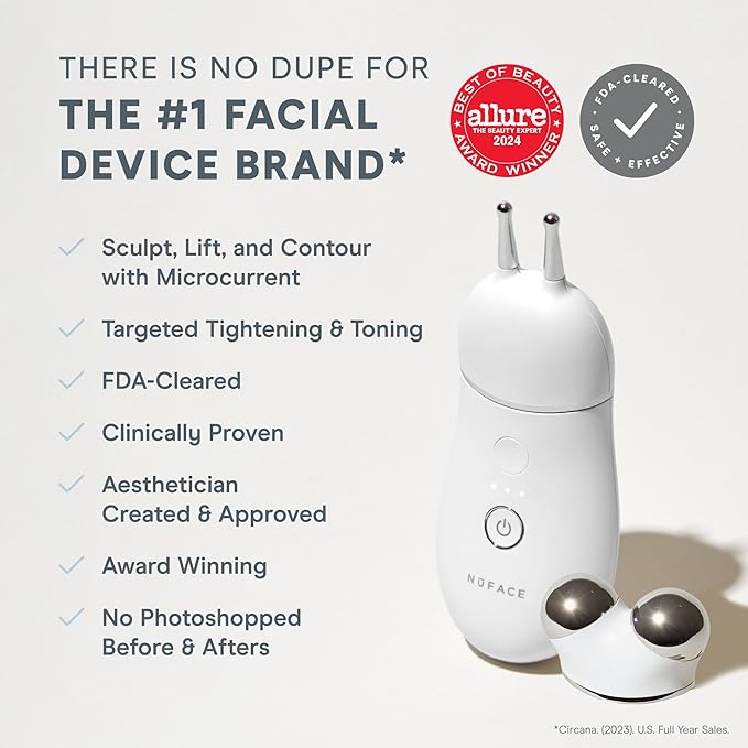 NuFACE TRINITY+ Microcurrent Facial Device + Effective Lip & Eye Attachment - FDA Cleared Skin Tightening & Face Toning Device for Targeted Treatment + Microcurrent Gel Activator, Silk Crème & Brush