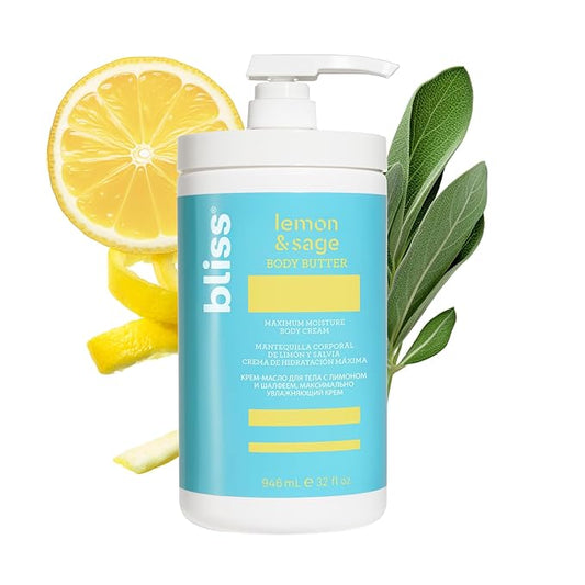 Bliss Body Butter - Lemon and Sage Body Butter - Maximum Moisture Cream - 32 Fl Oz - Body Lotion for Dry Skin - Long-Lasting Moisturizer for Women & Men - Vegan & Cruelty-Free