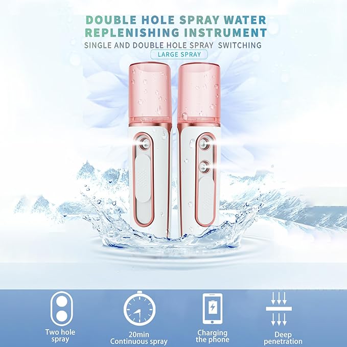 Nano Facial Mister, Cool Mist Face Steamer with 2 Spray Nozzle, USB Rechargeable, Visual Water Tank, Nano Mister for Eyelash Extensions, Skin Care, Daily Makeup, Deep Hydrating-Pink