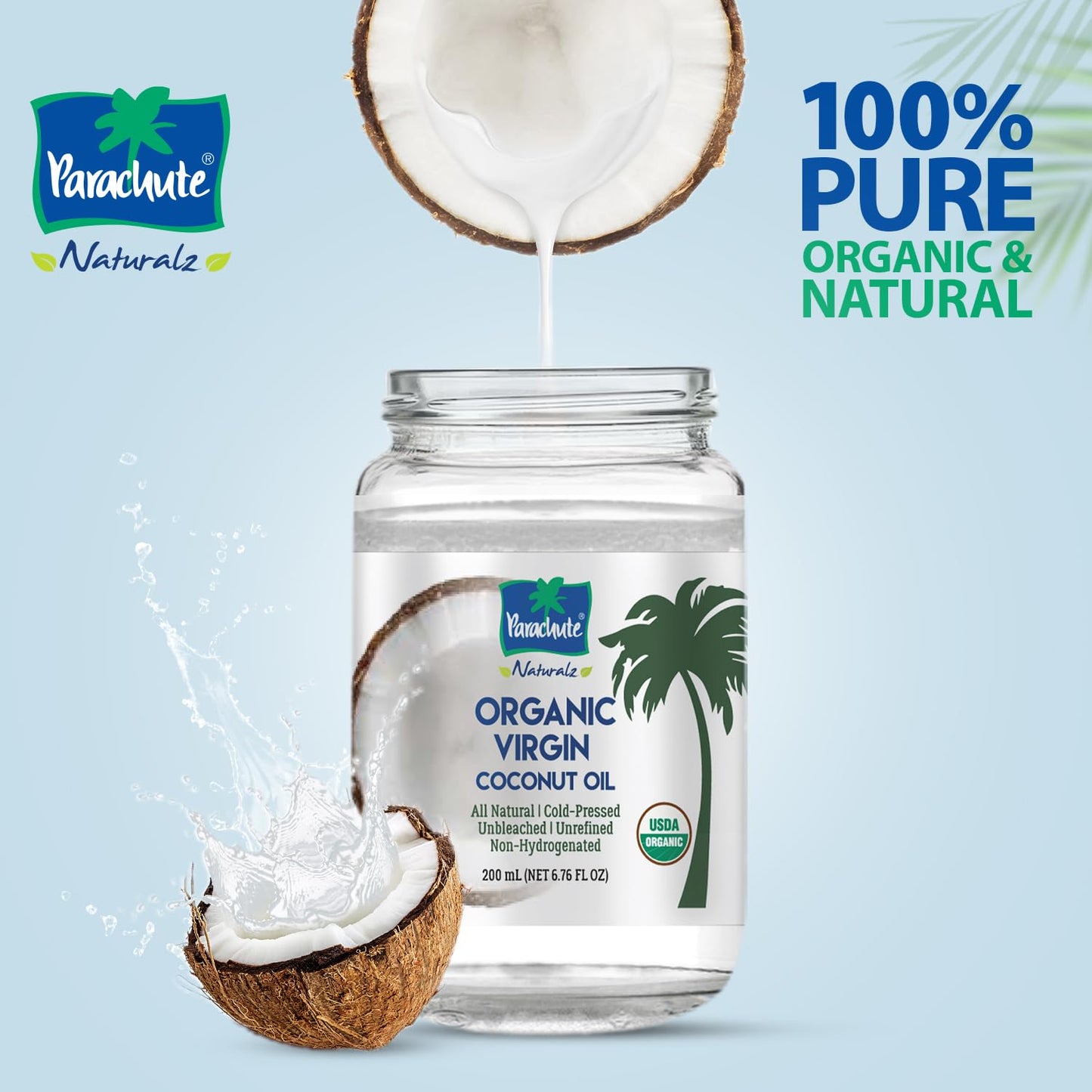 "Parachute Naturalz Organic Virgin Coconut Oil | Cooking Oil, Hair Oil, Body Oil & Oil Pulling | Cold Pressed | Unbleached | Unrefined | Non-Hydrogenated | MCT Oil | USDA Certified |6.7 Fl. Oz. | Glass Jar"