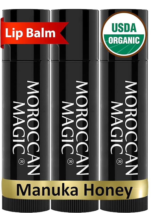 Moroccan Magic Organic Manuka Honey Lip Balm 3 Pack | Made with Natural Cold Pressed Argan and Essential Oils Lip Balm | Smooth Application