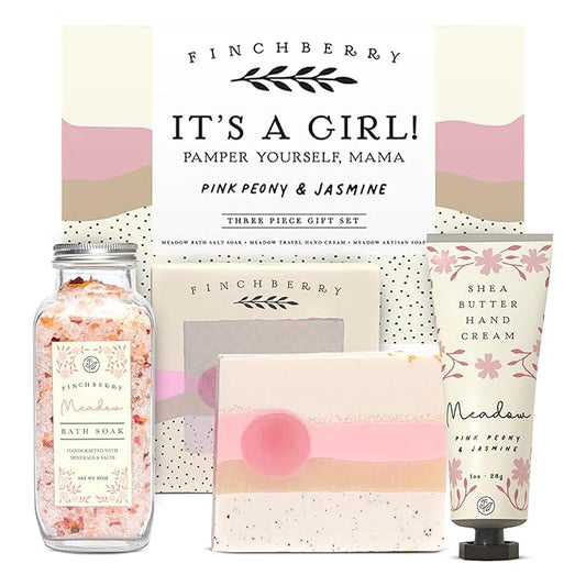 FinchBerry 3-Piece Gift Set - It’s A Girl! Baby Shower Gift, New Mom Care Package, First-Time Mom Gifts, Baby Girl Gift – Includes Handmade Shea Butter Soap(4.5oz), Bath Soak (20oz) & Hand Cream (1oz)