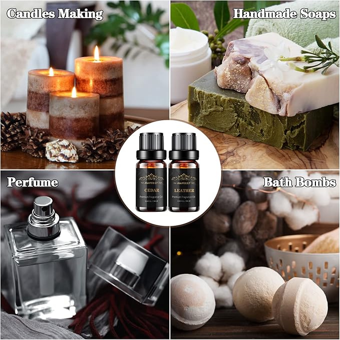 Essential Oils Set, Men Scents Fragrance Oil Aromatherapy Essential Oils Kit for Diffuser (6x10ML) - Sandalwood, Cedar, Leather, Sweet Tobacco, Rum, Cologne Aromatherapy Oils Gift for Men