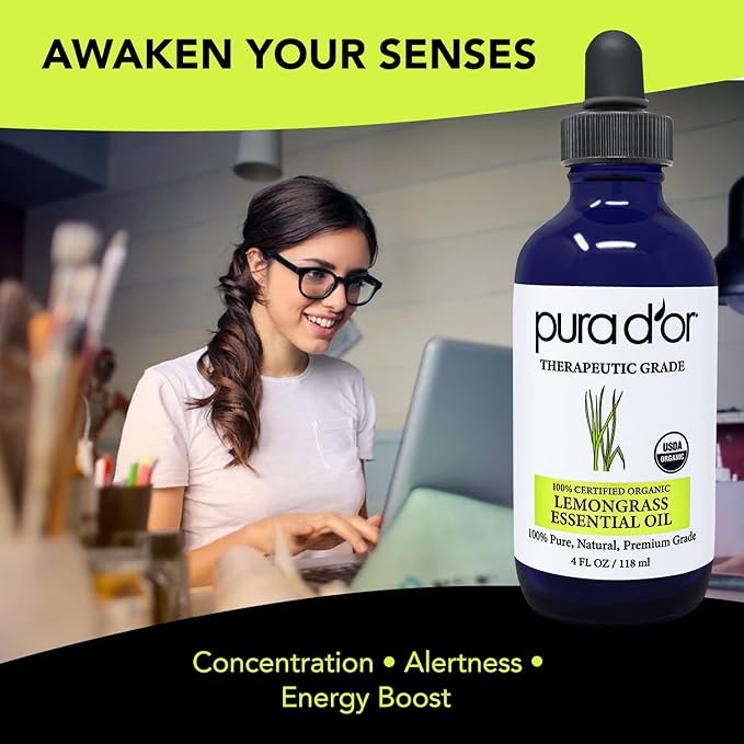 PURA D'OR Organic Lemongrass Essential Oil, 4oz, Therapeutic Grade, for Hair, Body, Skin, Aromatherapy, Relaxation, Massage, Vitality, Home, DIY Soap