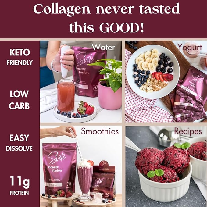 Hydrolyzed Multi Collagen Powder Beauty Superfood for Women Aging Skin, Hair, Nail, Joints, Gut Health, Vitamins, Probiotics, Peptides Keto Supplement Drink |Berry Flavor by Svete