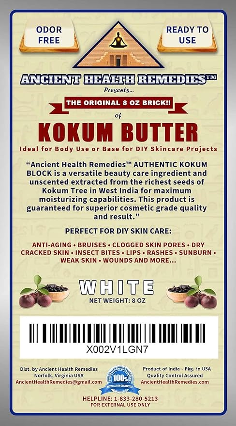 ANCIENT HEALTH REMEDIES Cosmetic Grade, PURE KOKUM BUTTER JAR/BLOCK. Bulk, Odor Free Alternative to Raw, Soft Butters. Ideal Hard Base for DIY Balms, Creams, Candle and Hand Creams (INDIA) (8 oz)