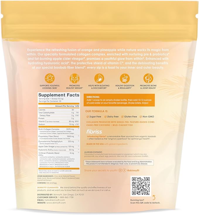 SkinnyFit Super Youth Orange Pineapple Multi-Collagen Peptides + Probiotics, Baobab Fiber, Apple Cider Vinegar, Hyaluronic Acid, & Vitamin C, Skin, Hair, Joint & Metabolism Support, 30 Servings