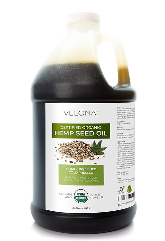 velona Hemp Seed Oil USDA Certified Organic - 64 Fl Oz | 100% Pure and Natural Carrier Oil | Unrefined, Cold Pressed | Hair, Body, Face & Skin Care