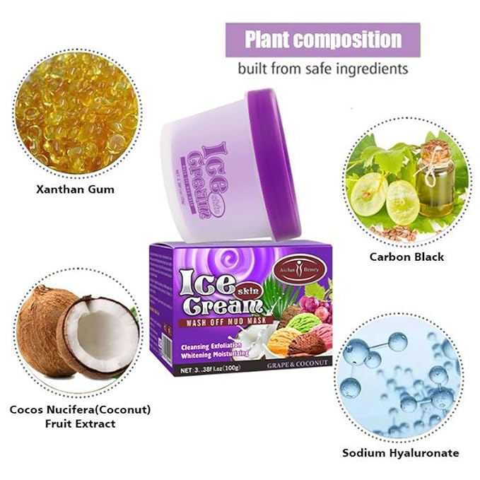 AICHUN BEAUTY Ice Cream Facial Wash Off Mud Mask Oil-Control Deep Cleaning Moisturizing Exfoliation Blackhead Skin Care 100g 3.38FL. OZ (GRAPE&COCONUT)