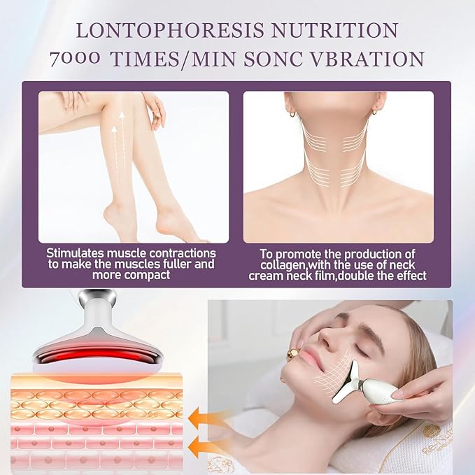 7 Color Facial and Neck Massager, Multifunctional Facial Skin Care Tool, Face Neck Massager for Daily Skin Care Routine, Facial Massager Tool (White)