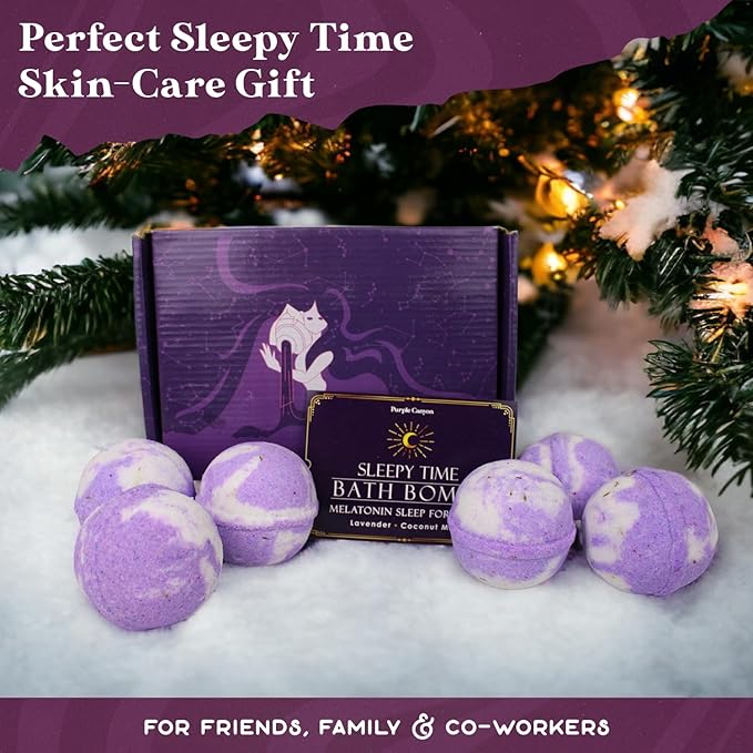 Purple Canyon Bath to Bed Natural Bath Bombs | Calming and Relaxing Sleep Support with Melatonin | Lavender and Coconut Milk Scented Handmade Bath Bombs Set