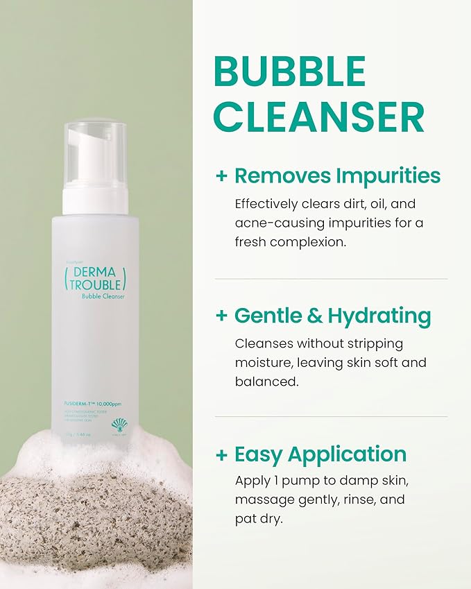 Derma Trouble 3-Step Acne Kit - Korean Skin Care Routine for Clogged Pores & Sensitive Skin, Gentle pH-Balanced Cleanser, Toner & Cream, Non-Irritating Formula. Anti-Sebum Complex, Fusiderm-T