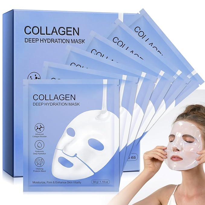 Collagen Face Mask, 6 Pack Overnight Collagen Mask for Women, Deep Collagen Anti Wrinkle Lifting Mask for All Skin Types, Pore Minimizing, Elasticity Improvement, 34g x6ea