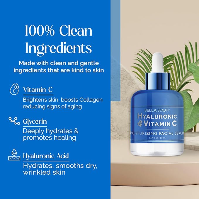 Bella Beauty Hyaluronic Acid & Vitamin C Moisturizing Facial Serum - Hydrating, Reduces Wrinkles & Fine Lines, Boosts Collagen - Dermatologist Tested, Korean Skin Care for All Skin Types - 1.69 Fl. Oz