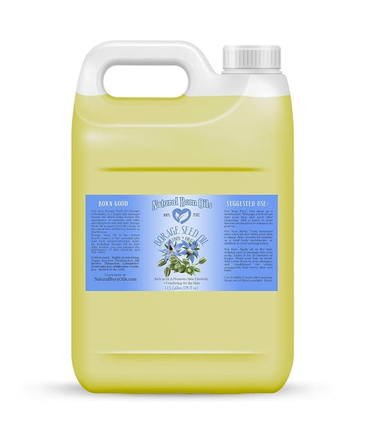 Natural Born Oils Borage Seed Oil, 1 Gallon, Organic, Cold-Pressed, High GLA, Vitamins & Minerals, Deep Skin Nourishment, Hair Vitality