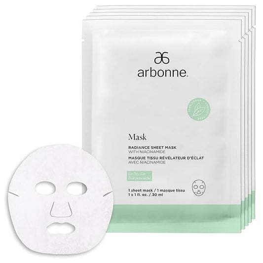 Arbonne Radiance Face Sheet Mask - Sheet Face Mask with Niacinamide for Dry and Dull Skin, Enhance Brightness, Tone, Smooth and Hydrate Skin - 5 Pack