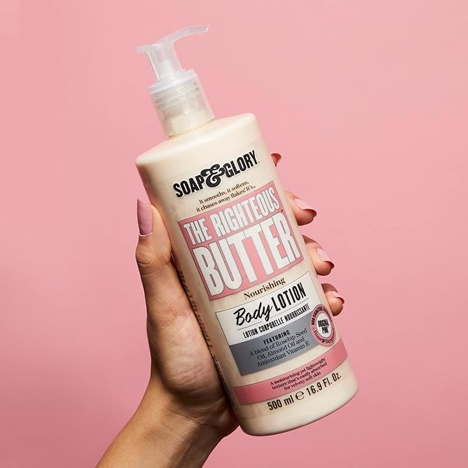 Soap & Glory Original Pink The Righteous Butter Moisturizing Body Lotion Pump - Shea Butter, Vitamin E & Aloe Vera Vegan Body Moisturizer - Rose & Bergamot Scented Lotion (500ml)