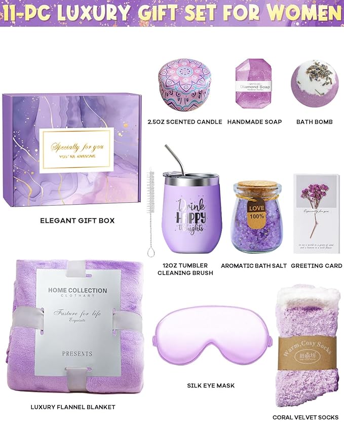 Spa Gift Baskets for Women - 11-Piece Self Care Kit with Soy Candle, Bath Salts, Purple Blanket, Insulated Tumbler, Eye Mask & More – Unique Mothers Day, Birthday, or Get Well Soon Gifts for Women