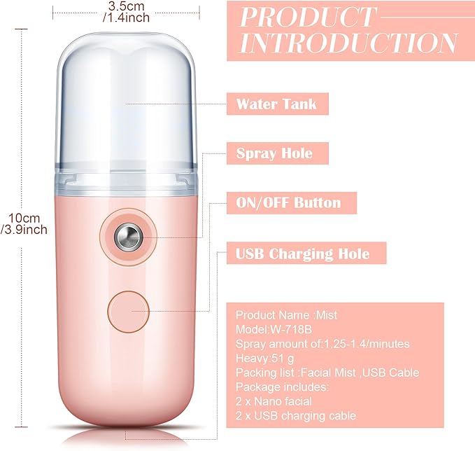 Honoson 2 Pieces Nano Facial Mister 30 ml Mini Face Humidifier Portable Facial Sprayer USB Rechargeable Handy Skin Care Machine for Face Hydrating, Daily Makeup (Light Pink and Blue)