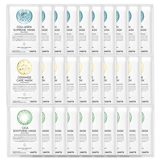 Hydrating Soothing Sheet Masks Gift Set for Skincare, Korean Vegan Sheet Mask for Dry, Sensitive Skin, Calming, Smoothing, Brightening, Collagen, Ceramide, Cica, Hyaluronic Acid 30EA