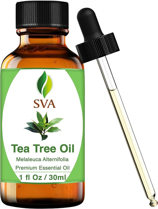 SVA Tea Tree Essential Oil – 1 Fl Oz – 100% Natural Tea Tree Oil - for Diffuser, Hair Care, Face, Skin Care, Aromatherapy, Scalp and Body Massage, Soap and Candle Making – with Dropper