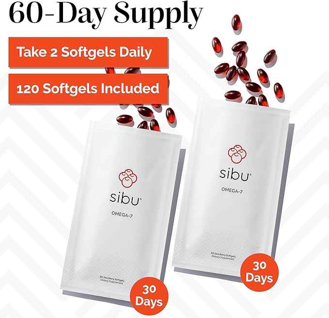 sibu Omega-7 Softgels, Premium Organic Himalayan Sea Buckthorn Oil (120ct, 60 Day Supply) – Supplement for Healthy Skin, Hair, Nails and Dryness