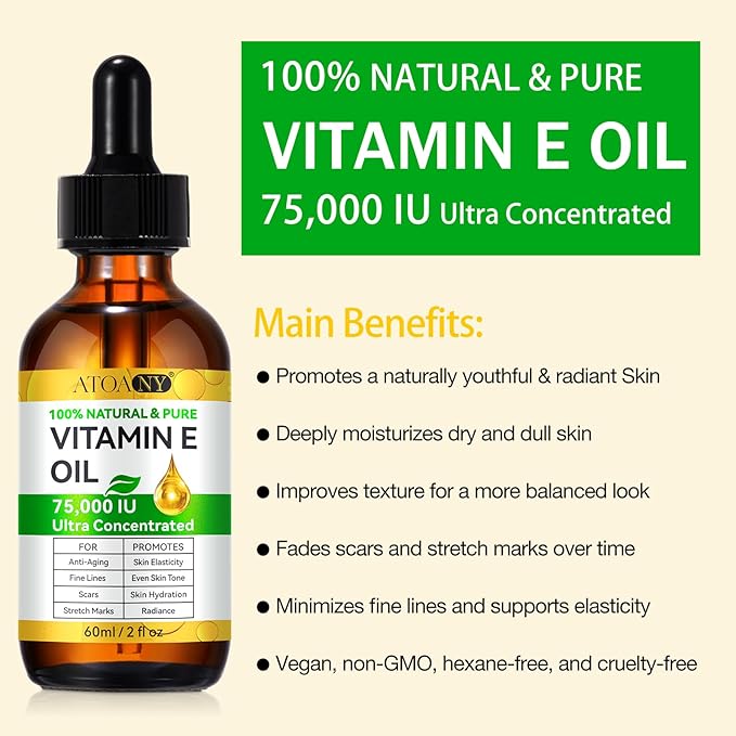 Vitamin E Oil 75,000 IU - Pure & Natural Skin & Hair Care - Moisturizing for Face, Body, Sars and Scalp - Non-GMO, Gluten-Free, Paraben-Free