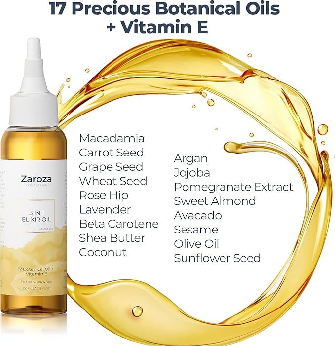 3-in-1 Elixir Oil – Organic Face, Body & Hair Oil with Vitamin E & 17 Botanical Oils – Moisturizing & Nourishing Treatment for Dry Skin, Scalp & Damaged Hair – for Women & Men – 5 fl oz